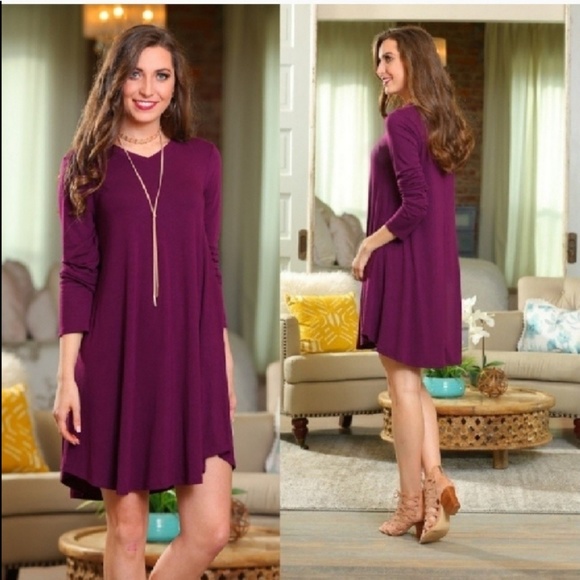 Sz L Plum V Neck Tunic Dress - Picture 2 of 4
